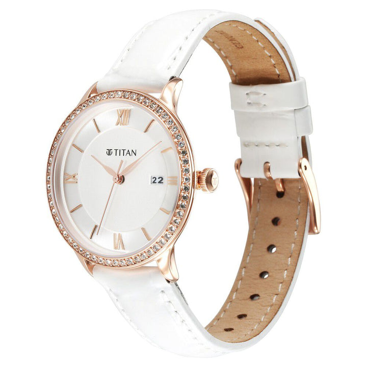 Titan Bright Leathers Silver Dial Analog with Date Leather Strap watch for Women - The Watch Factory ®