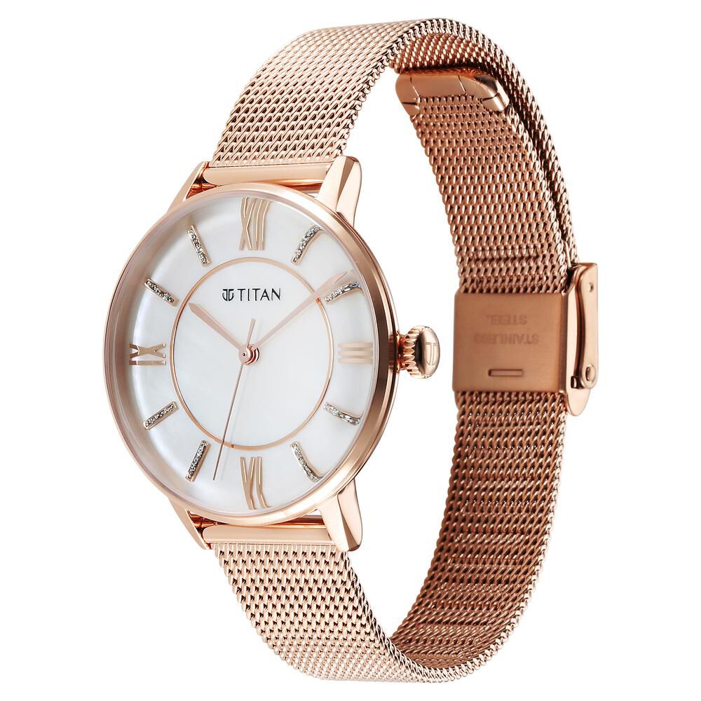 Titan TGIF Quartz Analog Mother Of Pearl Dial Rose Gold Stainless Steel Strap Watch for Women - The Watch Factory ®