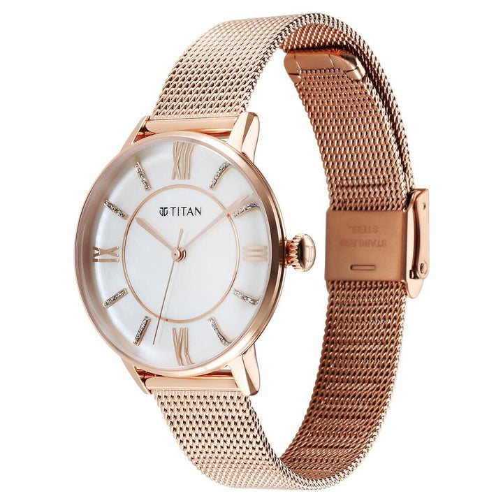 Titan TGIF Quartz Analog Mother Of Pearl Dial Rose Gold Stainless Steel Strap Watch for Women - The Watch Factory ®