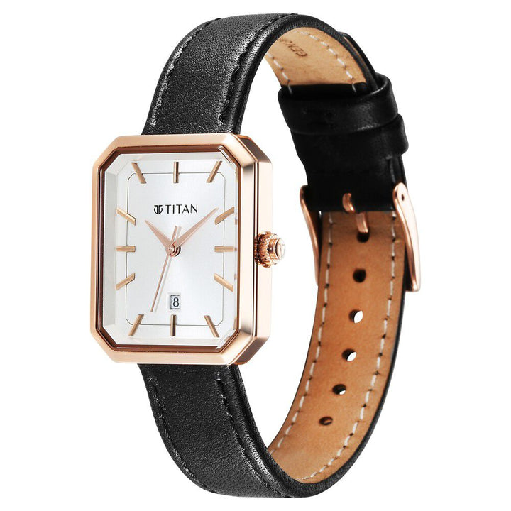 Titan Minimalists Quartz Analog with Date Silver Dial Black Leather Strap Watch for Women - The Watch Factory ®