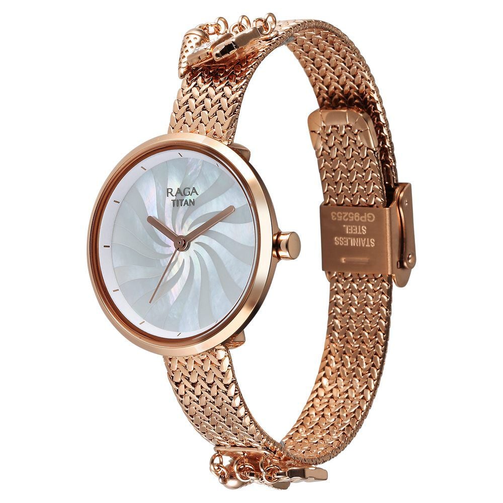Titan Raga Memoirs Quartz Analog Mother Of Pearl Dial With Rose Gold Metal Strap Watch For Women 95253WM01F