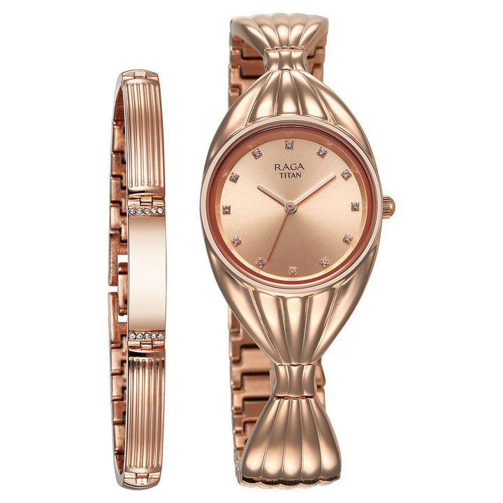 Titan Raga Memoirs Quartz Analog Rose Gold Dial With Rose Gold Metal Strap Watch For Women 95254WM01F