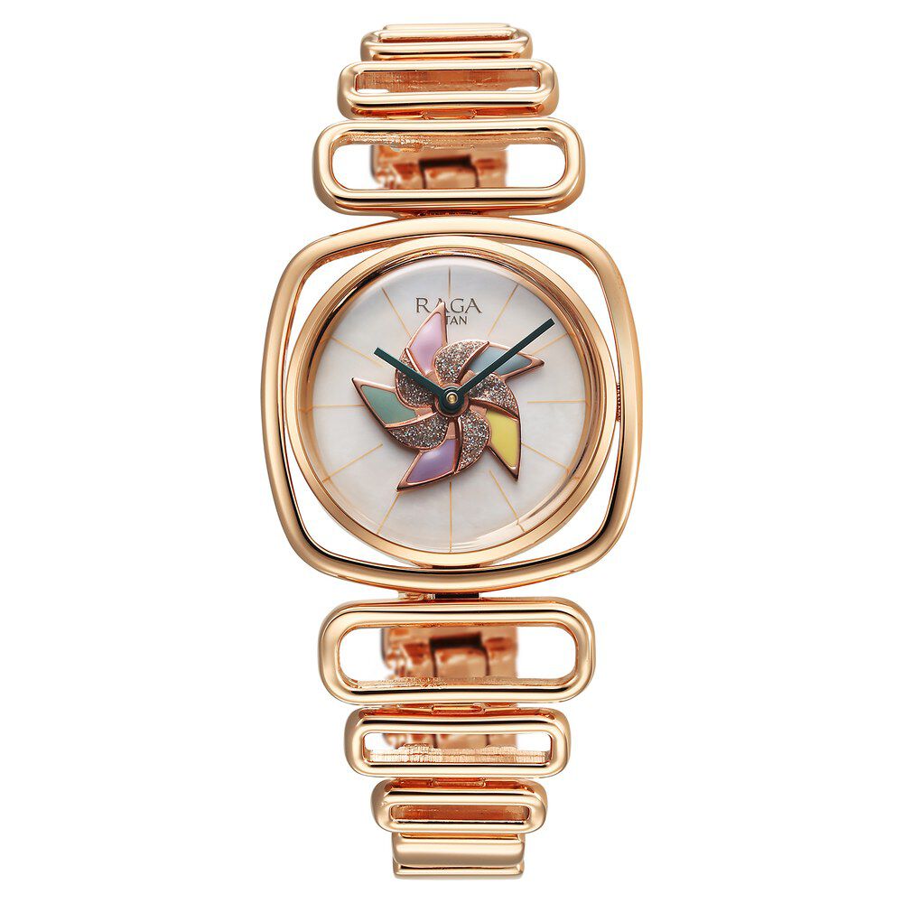 Titan Raga Memoirs Pinwheel Quartz Analog Mother of Pearl Dial With Rose Gold Color Metal Strap Watch For Women 95256WM01