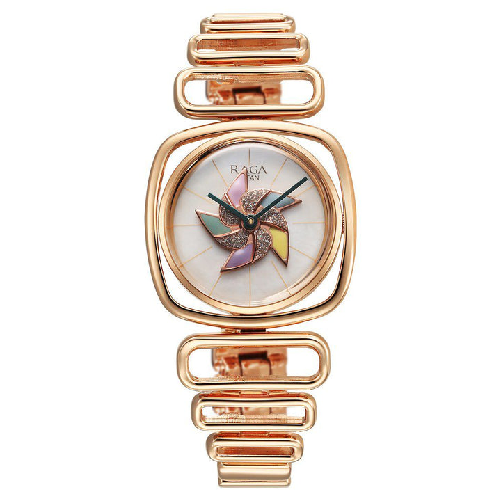 Titan Raga Memoirs Pinwheel Quartz Analog Mother of Pearl Dial With Rose Gold Color Metal Strap Watch For Women 95256WM01