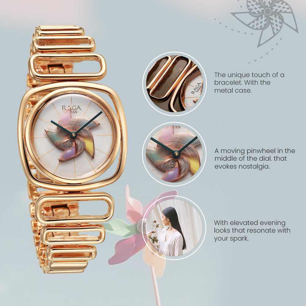 Titan Raga Memoirs Pinwheel Quartz Analog Mother of Pearl Dial With Rose Gold Color Metal Strap Watch For Women 95256WM01