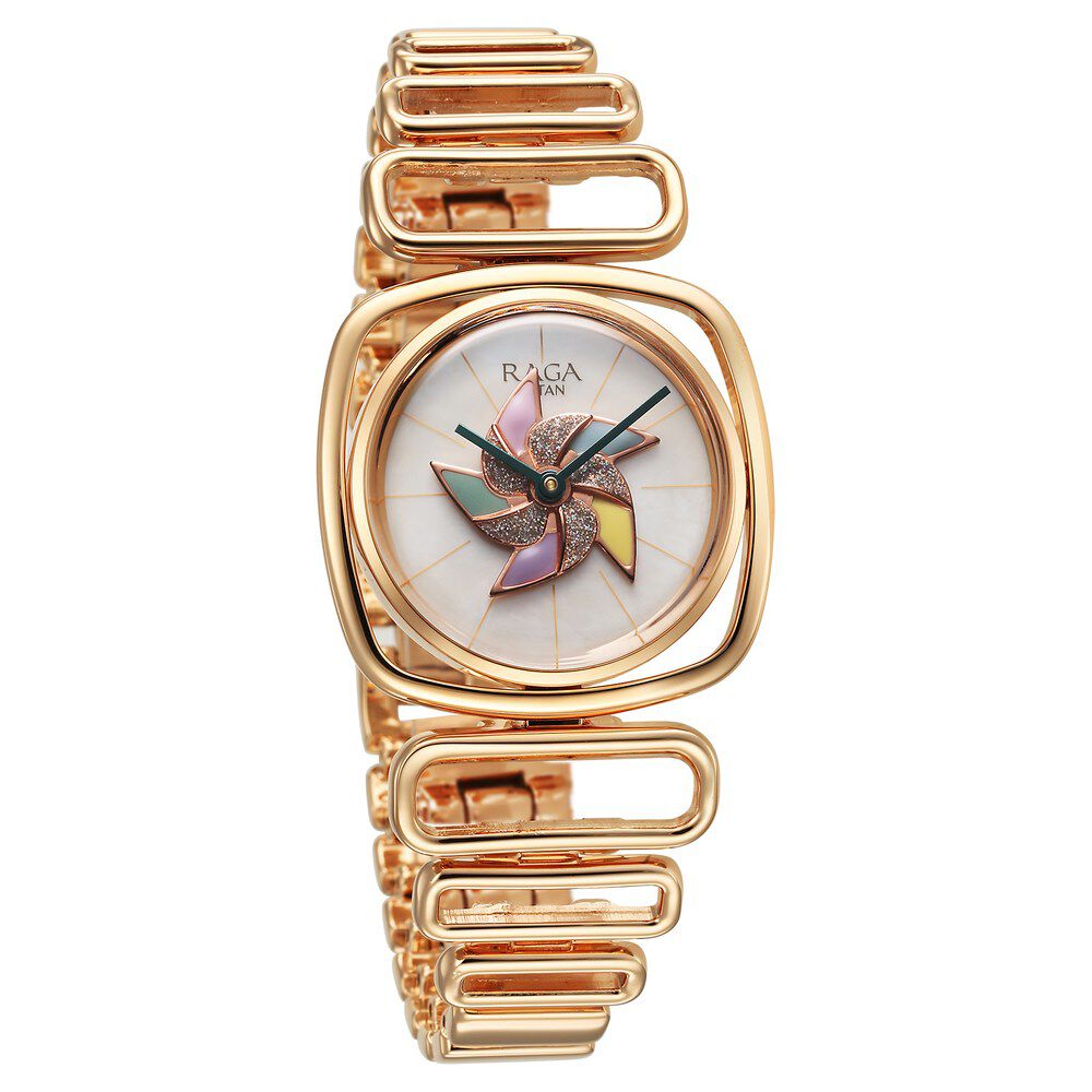 Titan Raga Memoirs Pinwheel Quartz Analog Mother of Pearl Dial With Rose Gold Color Metal Strap Watch For Women 95256WM01