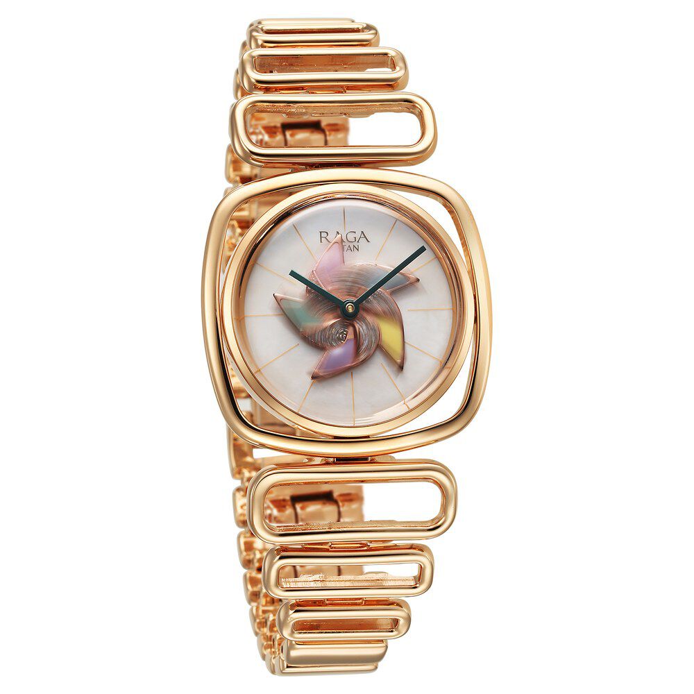 Titan Raga Memoirs Pinwheel Quartz Analog Mother of Pearl Dial With Rose Gold Color Metal Strap Watch For Women 95256WM01