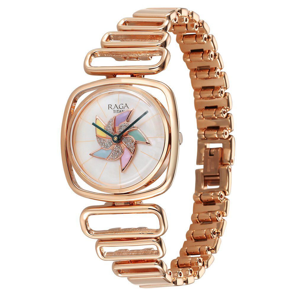 Titan Raga Memoirs Pinwheel Quartz Analog Mother of Pearl Dial With Rose Gold Color Metal Strap Watch For Women 95256WM01
