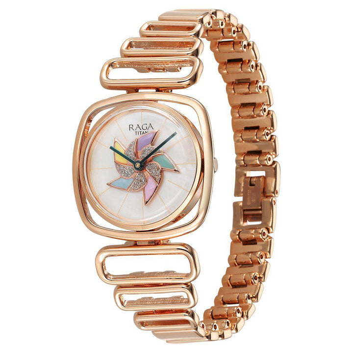 Titan Raga Memoirs Pinwheel Quartz Analog Mother of Pearl Dial With Rose Gold Color Metal Strap Watch For Women 95256WM01