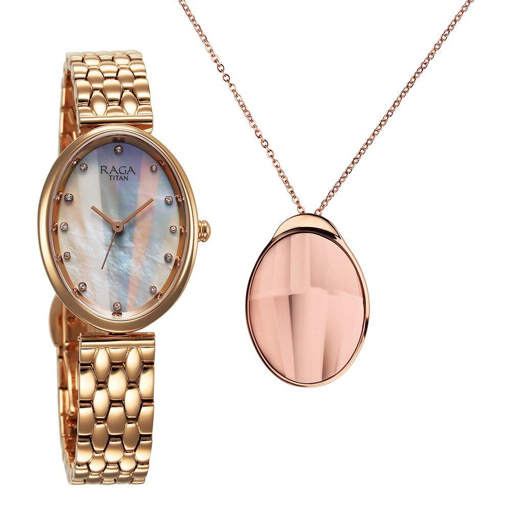 Titan Raga Memoirs Quartz Analog Mother Of Pearl Dial Rose Gold Metal Strap Oval Shaped Watch For Women - The Watch Factory ®