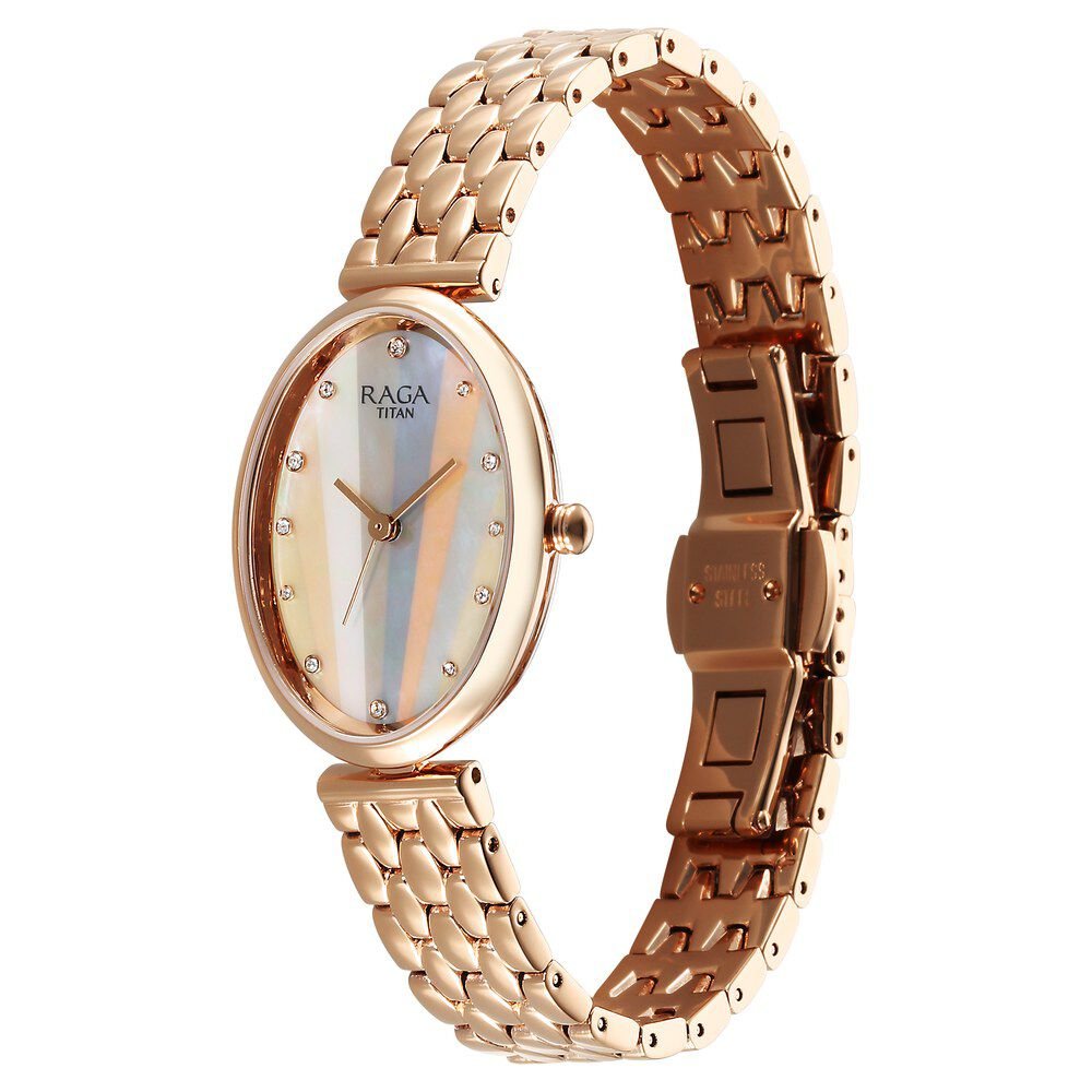 Titan Raga Memoirs Quartz Analog Mother Of Pearl Dial Rose Gold Metal Strap Oval Shaped Watch For Women - The Watch Factory ®