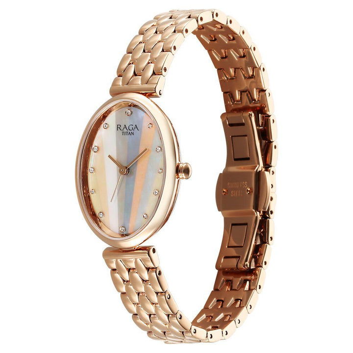 Titan Raga Memoirs Quartz Analog Mother Of Pearl Dial Rose Gold Metal Strap Oval Shaped Watch For Women - The Watch Factory ®