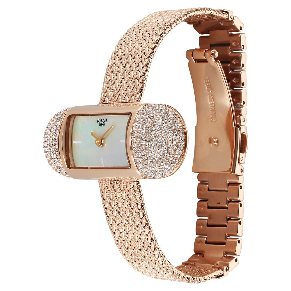 Titan Raga Memoirs Quartz Analog Mother Of Pearl Dial With Rose Gold Metal Strap Watch For Women 95259WM01F