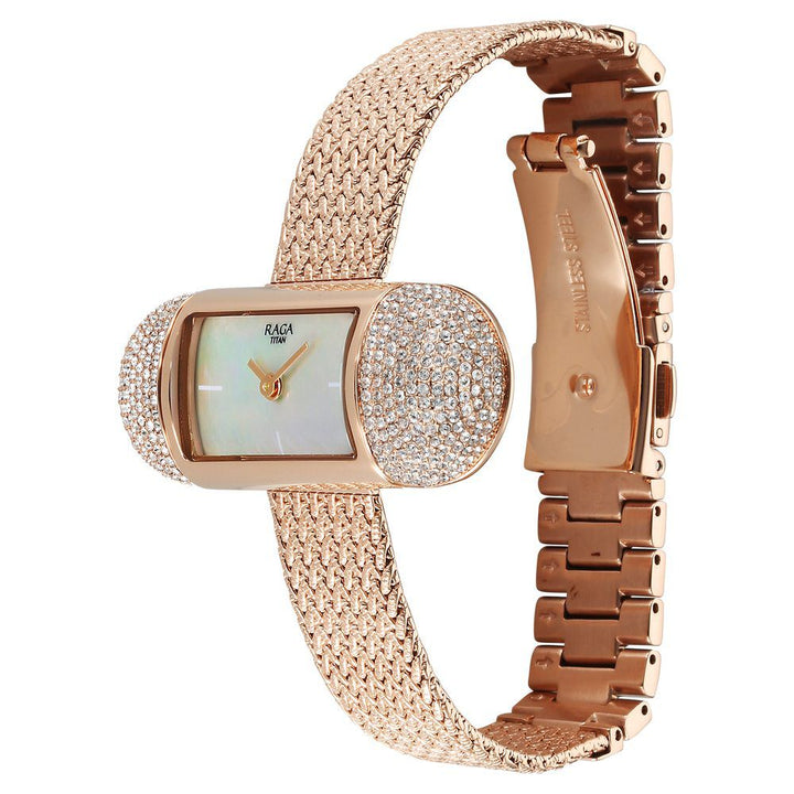 Titan Raga Memoirs Quartz Analog Mother Of Pearl Dial With Rose Gold Metal Strap Watch For Women 95259WM01F