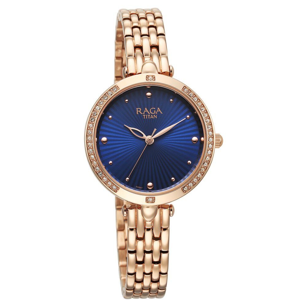 Titan Raga Showstopper Quartz Analog Blue Dial Rose Gold Metal Strap Watch For Women - The Watch Factory ®