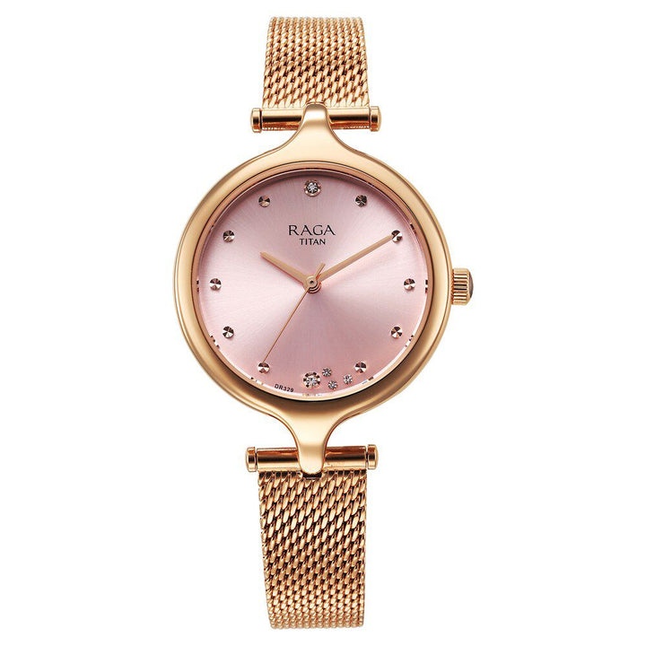Titan Raga Showstopper Quartz Analog Rose Gold Dial Metal Strap Watch For Women 95268WM01