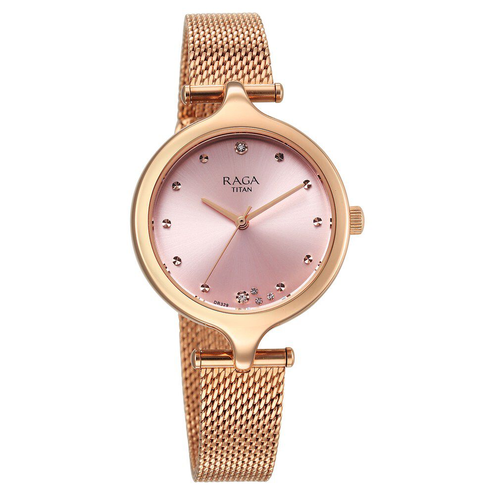 Titan Raga Showstopper Quartz Analog Rose Gold Dial Metal Strap Watch For Women 95268WM01