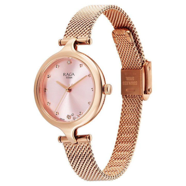 Titan Raga Showstopper Quartz Analog Rose Gold Dial Metal Strap Watch For Women 95268WM01