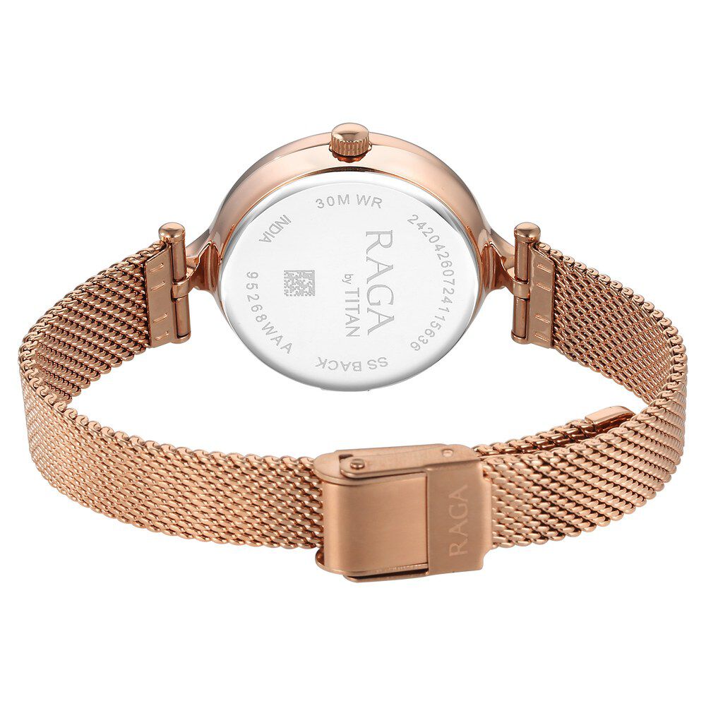 Titan Raga Showstopper Quartz Analog Rose Gold Dial Metal Strap Watch For Women 95268WM01