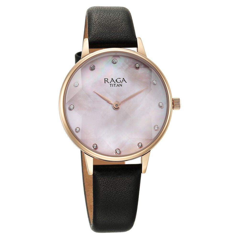 Titan Raga Showstopper Quartz Analog Mother Of Pearl Dial Leather Strap Watch for Women 95274WL01