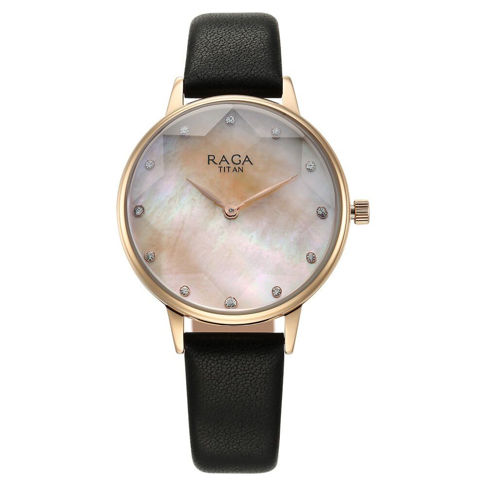 Titan Raga Showstopper Quartz Analog Mother Of Pearl Round Dial Black Leather Strap Watch For Women - The Watch Factory ®