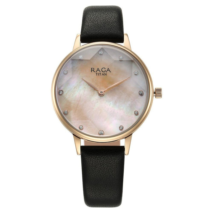 Titan Raga Showstopper Quartz Analog Mother Of Pearl Round Dial Black Leather Strap Watch For Women - The Watch Factory ®