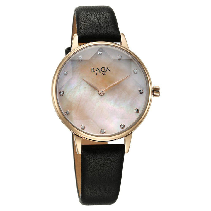 Titan Raga Showstopper Quartz Analog Mother Of Pearl Round Dial Black Leather Strap Watch For Women - The Watch Factory ®