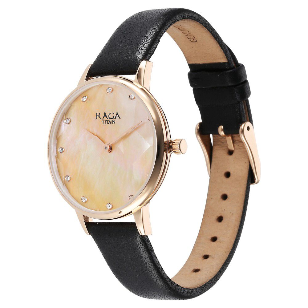 Titan Raga Showstopper Quartz Analog Mother Of Pearl Round Dial Black Leather Strap Watch For Women - The Watch Factory ®
