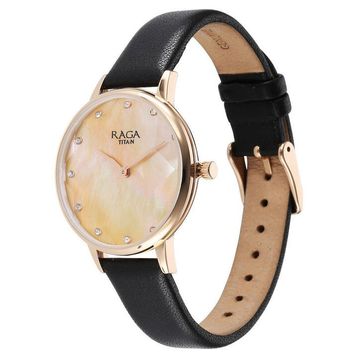 Titan Raga Showstopper Quartz Analog Mother Of Pearl Round Dial Black Leather Strap Watch For Women - The Watch Factory ®