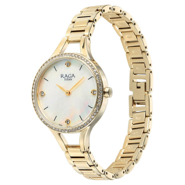 Titan Raga Showstopper Quartz Analog Mother Of Pearl Round Dial Golden Metal Strap Watch For Women - The Watch Factory ®