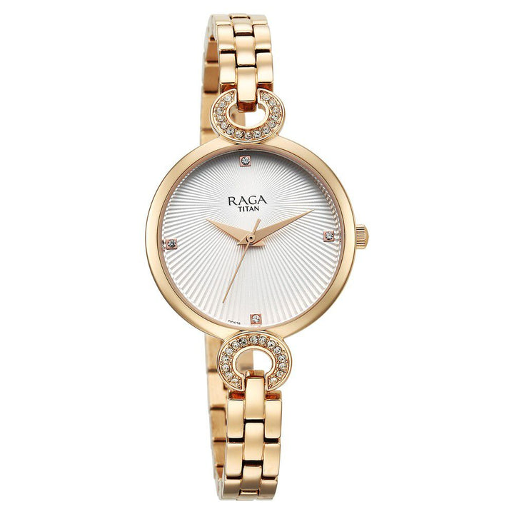 Titan Raga Showstopper Quartz Analog White Dial Metal Strap Watch for Women 95278WM01