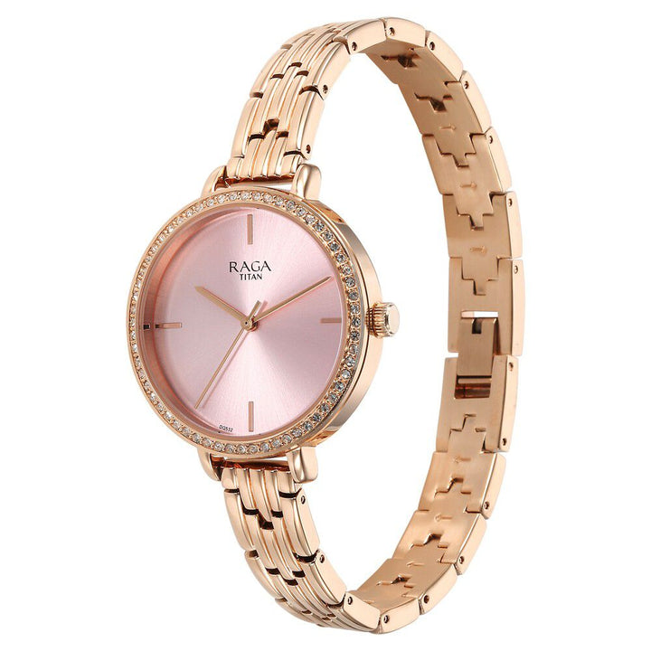 Titan Raga Showstopper Quartz Analog Pink Dial Metal Strap Watch for Women 95286WM01
