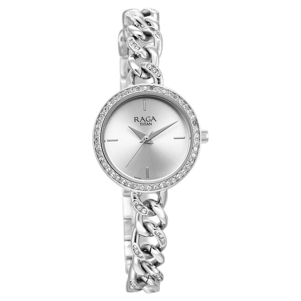 Titan Raga Showstopper Quartz Analog Silver Dial Metal Strap Watch for Women 95288SM01W
