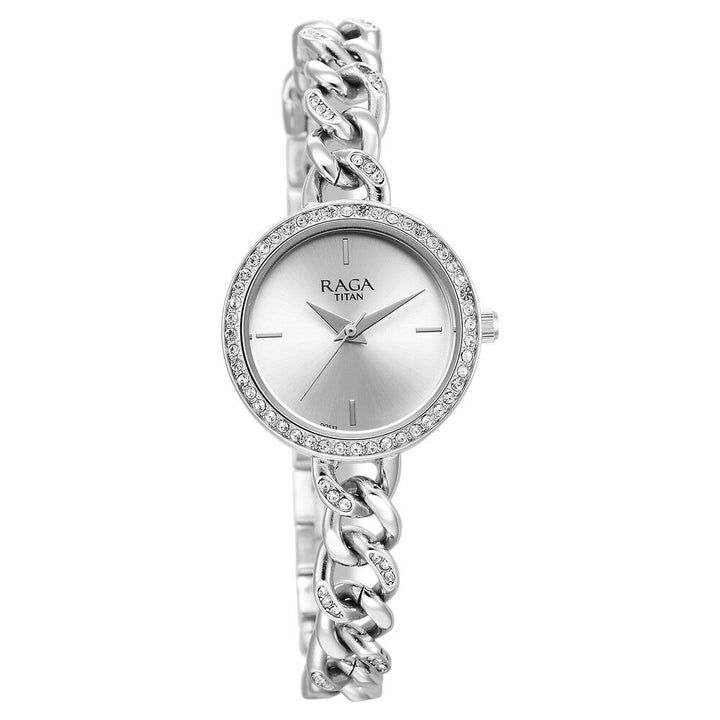 Titan Raga Showstopper Quartz Analog Silver Dial Metal Strap Watch for Women 95288SM01W