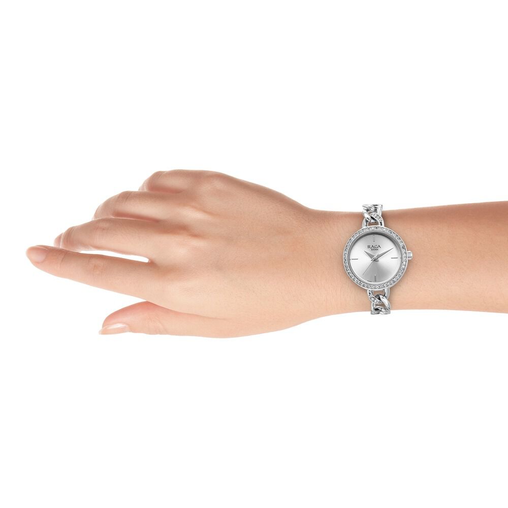 Titan Raga Showstopper Quartz Analog Silver Dial Metal Strap Watch for Women 95288SM01W