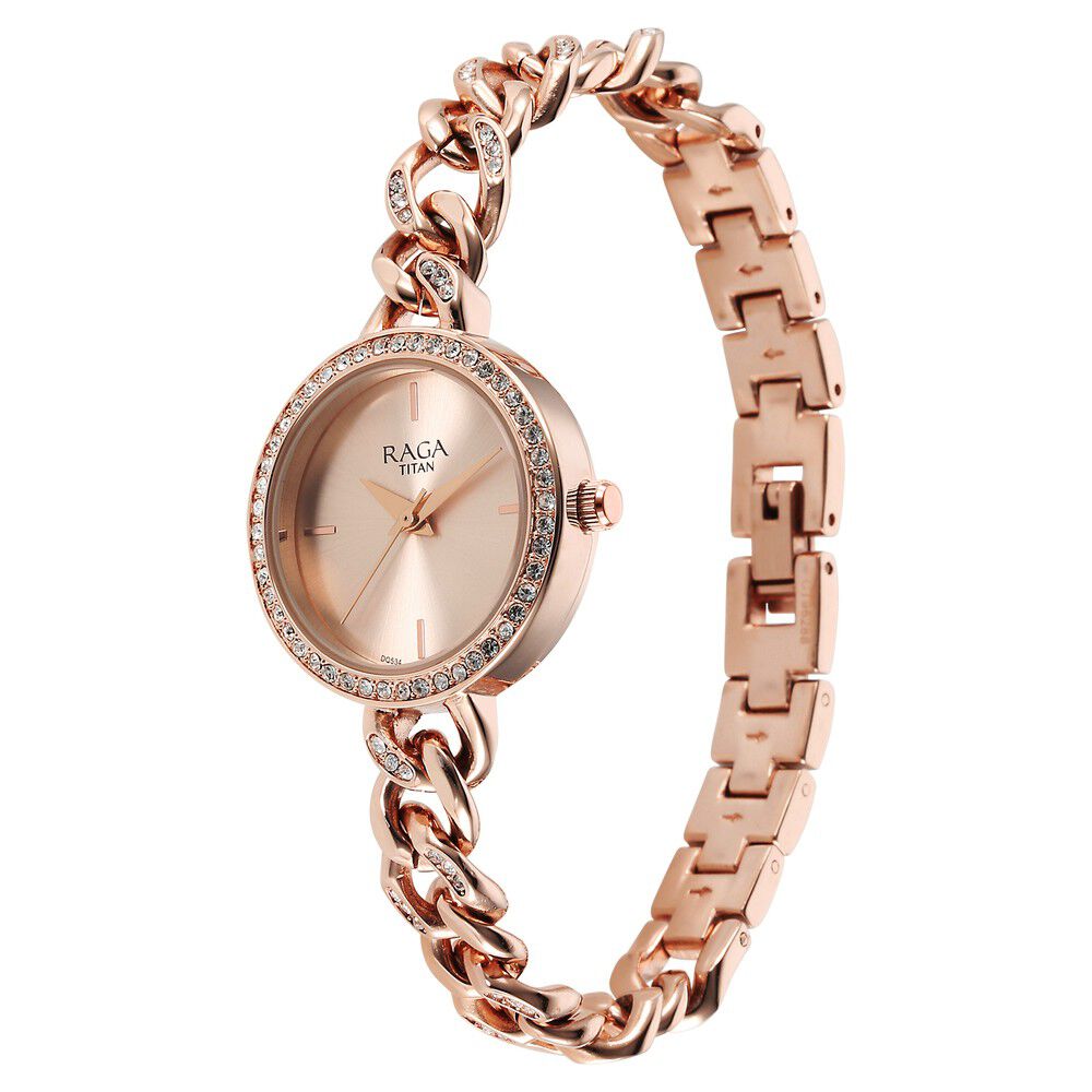 Titan Raga Showstopper Quartz Analog Rose Gold Dial Metal Strap Watch for Women NS95288WM01