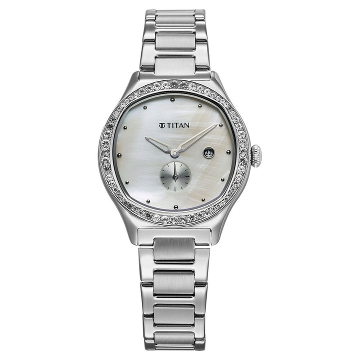 Titan Glamour Quartz Analog with Date Mother Of Pearl Dial Stainless Steel Strap Watch For Women 95289SM01