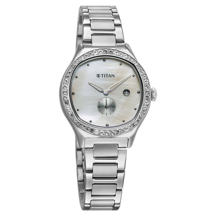 Titan Glamour Quartz Analog with Date Mother Of Pearl Dial Stainless Steel Strap Watch For Women 95289SM01