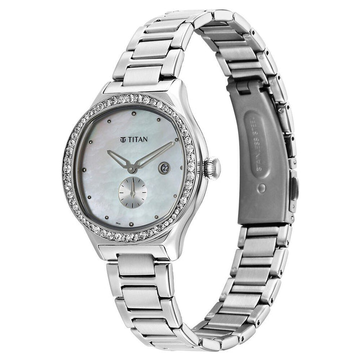 Titan Glamour Quartz Analog with Date Mother Of Pearl Dial Stainless Steel Strap Watch For Women 95289SM01