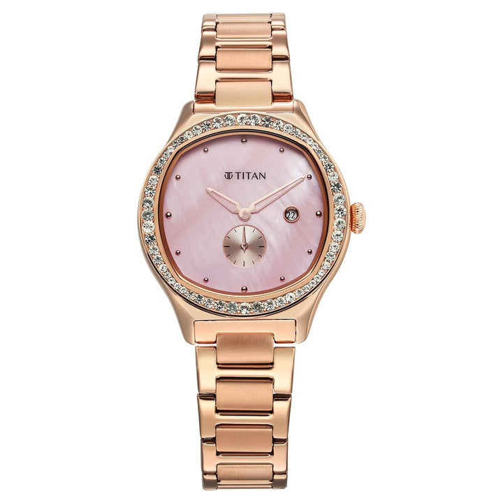 Titan Glamour Quartz Analog with Date Mother Of Pearl Dial Stainless Steel Strap Watch For Women 95289WM01