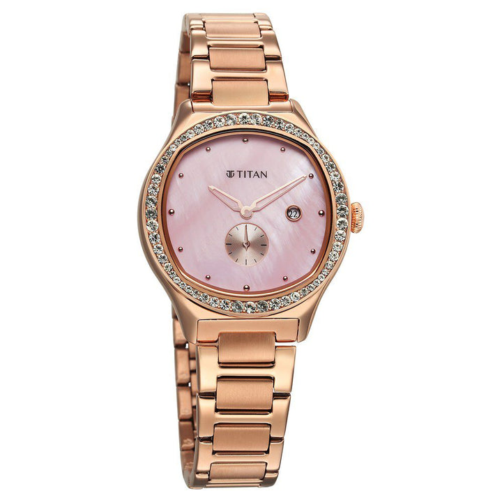 Titan Glamour Quartz Analog with Date Mother Of Pearl Dial Stainless Steel Strap Watch For Women 95289WM01