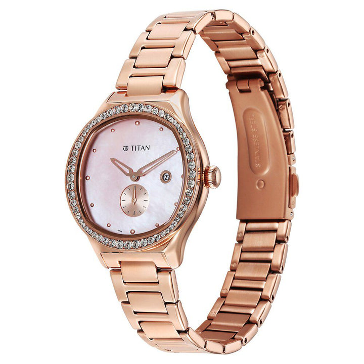Titan Glamour Quartz Analog with Date Mother Of Pearl Dial Stainless Steel Strap Watch For Women 95289WM01