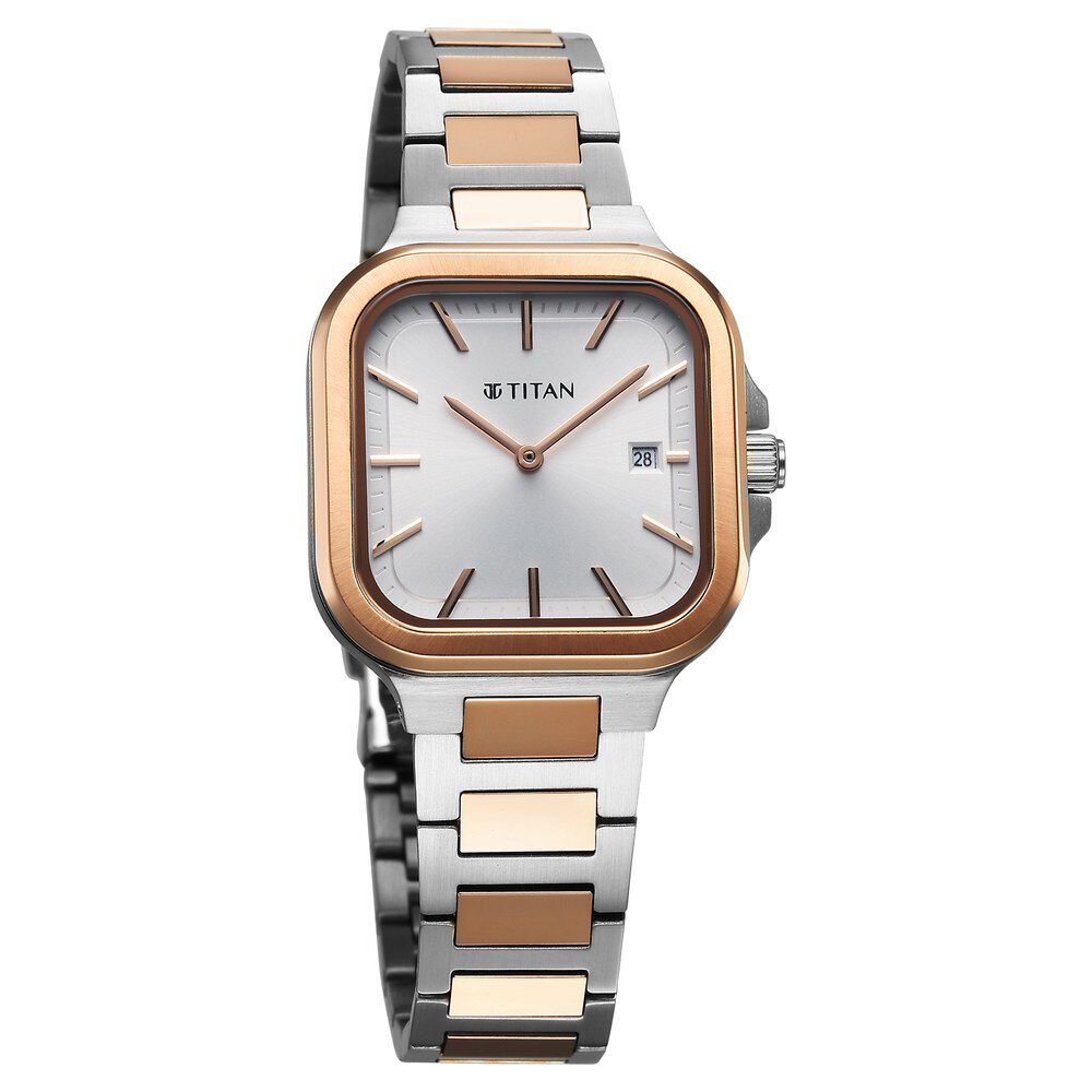 Titan Slim Square Quartz Analog with Date Silver Dial With Two Toned Color Stainless Steel Strap Watch For Women 95291KM01