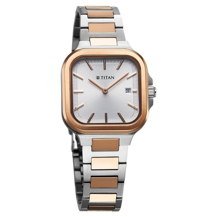 Titan Slim Square Quartz Analog with Date Silver Dial With Two Toned Color Stainless Steel Strap Watch For Women 95291KM01