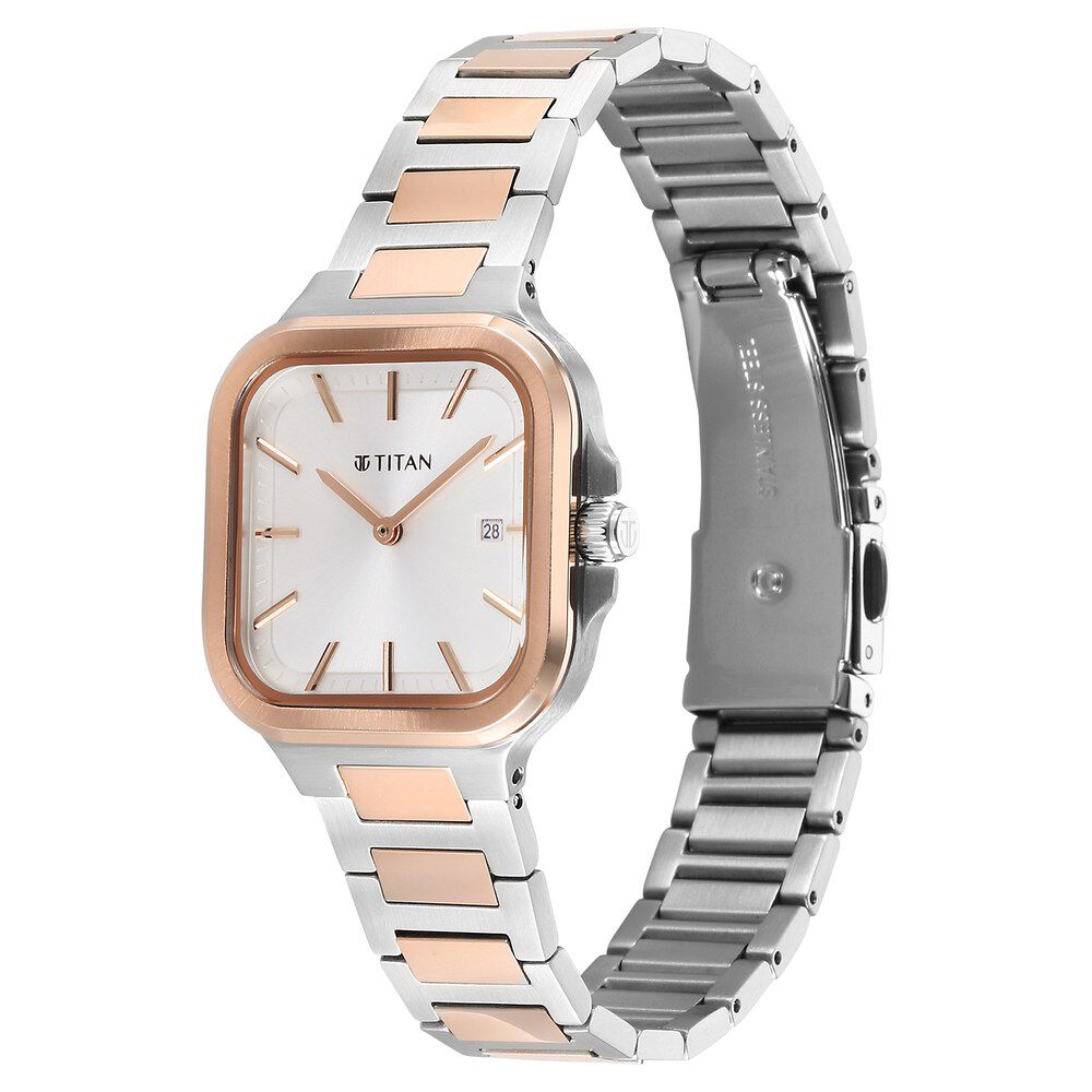 Titan Slim Square Quartz Analog with Date Silver Dial With Two Toned Color Stainless Steel Strap Watch For Women 95291KM01