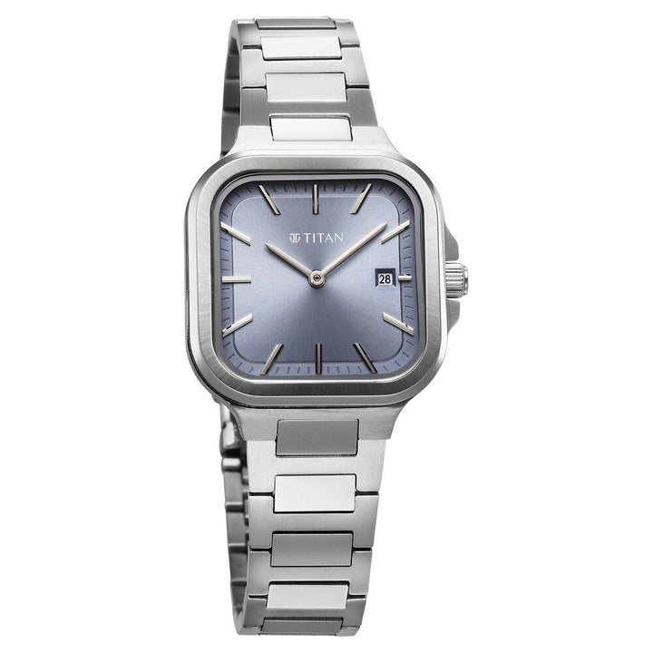 Titan Slim Square Quartz Analog with Date Blue Dial With Silver Color Stainless Steel Strap Watch For Women 95291SM01