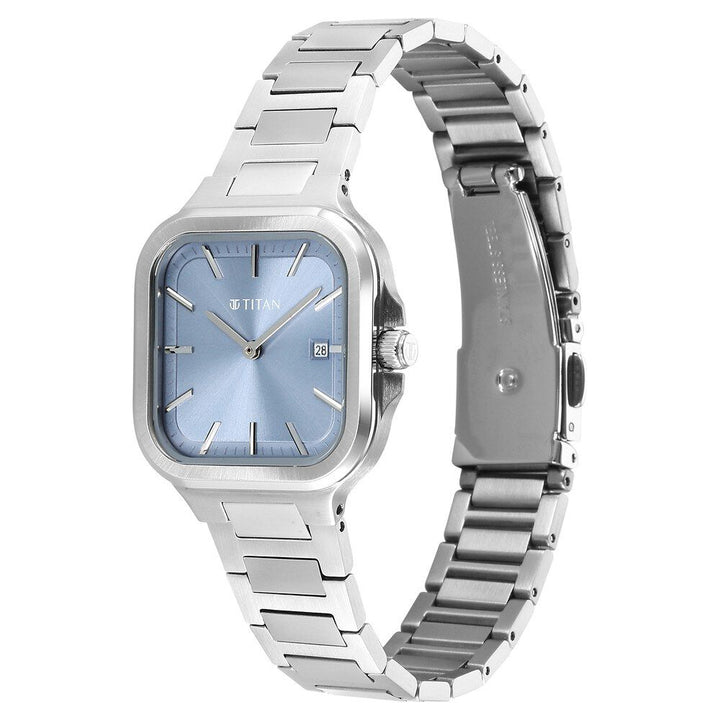 Titan Slim Square Quartz Analog with Date Blue Dial With Silver Color Stainless Steel Strap Watch For Women 95291SM01