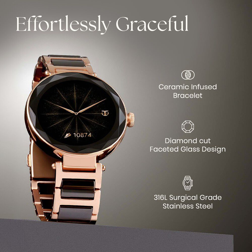 Titan Elixir with All 316L SS construction, 3.04 CM AMOLED Display, BT Calling, Skin Temperature Sensor, Womens Health 95293WD01