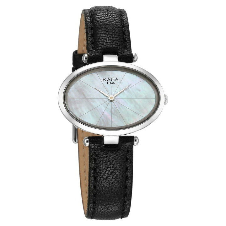 Titan Raga Silver Quartz Analog Mother Of Pearl Dial Sterling Silver Case With Black Color Leather Strap Watch For Women - The Watch Factory ®
