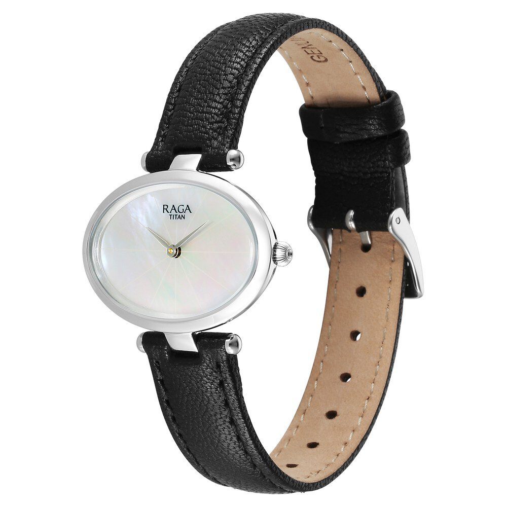 Titan Raga Silver Quartz Analog Mother Of Pearl Dial Sterling Silver Case With Brown Color Leather Strap Watch For Women 95294VL01